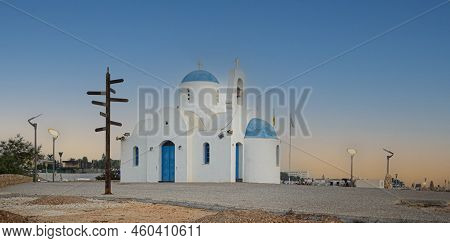 Church Of St Nicholas, Kalamies In The Port Of Paralimni. Pernera. Blue And White Church On The Coas