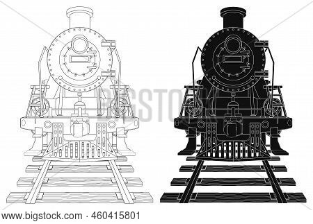 Layered Editable Vector Illustration Silhouette Of Old Fashioned Steam Locomotive.