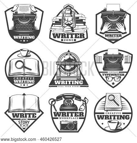 Vintage Monochrome Writer Labels Set With Typewriter Oli Lamp Books Magnifier Coffee Globe Eyeglasse