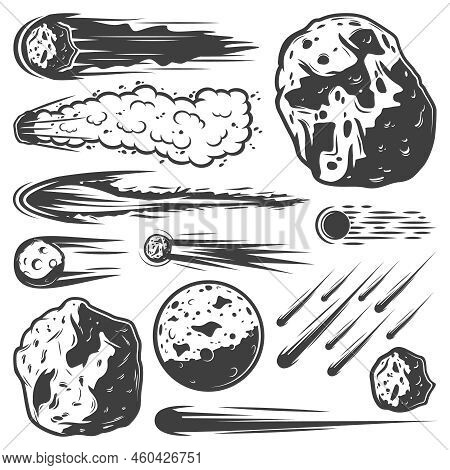 Vintage Meteors Collection With Falling Comets Asteroids And Meteorites Of Different Shapes Isolated