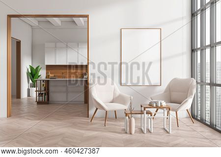 Front View On Modern Bright Studio Room Interior With Empty White Poster, Island, Arch, Panoramic Wi