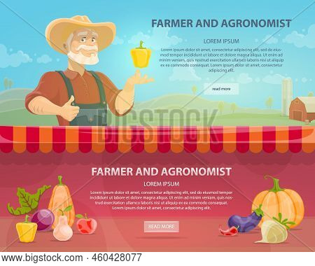 Colorful Agriculture Horizontal Banners With Agronomist On Farm Landscape Fresh Vegetables And Organ