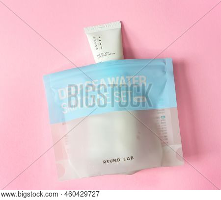 Kyiv, Ukraine - 19 August 2022: Semi Transparent Plastic Package Of Korean Skin Care Cosmetics Brand