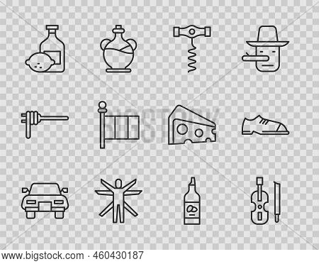 Set Line Car, Violin, Wine Corkscrew, Vitruvian Man, Limoncello Bottle, Flag Italy, Bottle Of Olive 