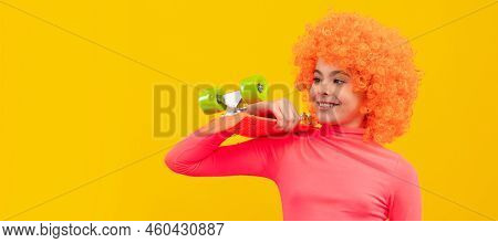 Enjoying Vibes On Pennyboard. Happy Kid Hold Pennyboard. Funky Girl Skater. Funny Teenager Child On 