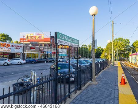 Boston, Ma, Usa - May 29, 2022: Boston Mbta Green Line C Branch Terminal Cleveland Circle Platform O
