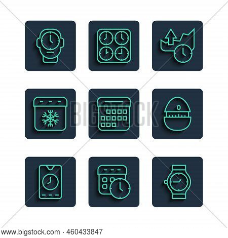 Set Line Alarm Clock App Mobile, Calendar And, Wrist Watch, Stocks Market Growth Graphs, Winter, Clo
