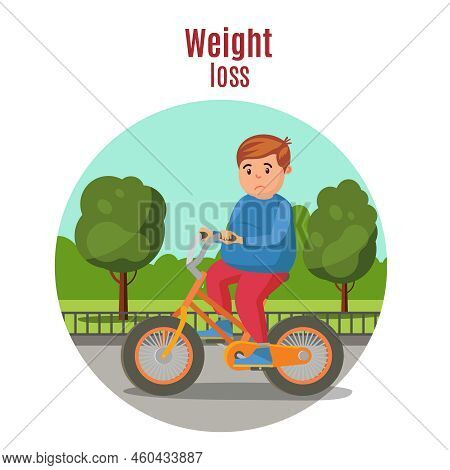 Weight Loss Colorful Concept With Fat Sad Man Riding Bicycle In City Park Vector Illustration