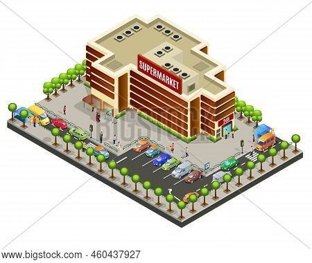 Isometric Supermarket Area Concept With Modern Building Customers Automobiles Parking Crosswalks Ben