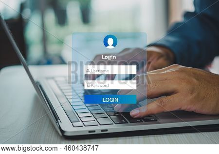 Man Using Kyeboard Computer Laptop Login Interface On Touch Screen. User Name And Password Inputs On