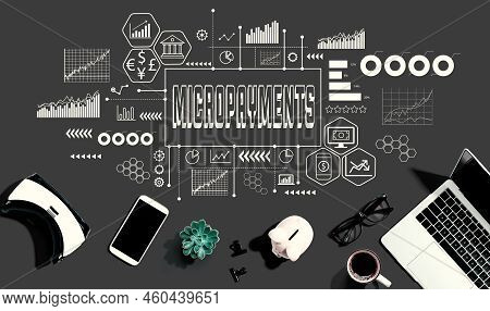 Micropayments Theme With Electronic Gadgets And Office Supplies - Flat Lay