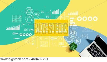 Move To Earn Theme With A Laptop Computer On A Yellow, Green And Blue Pattern Background