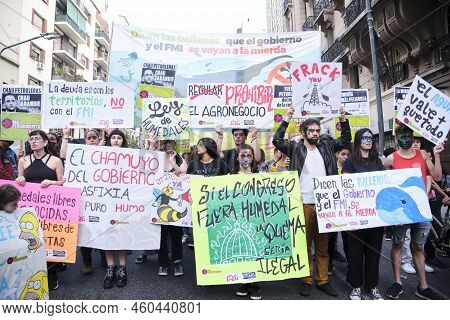 Buenos Aires, Argentina; August 25, 2022: Young People Holding Environmental Posters At A Demonstrat