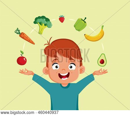 Cheerful Little Boy Enjoying Healthy Foods Vector Cartoon