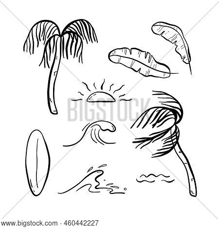 Tropical Beach Set With Palms, Surf Board, Waves, Sun And Banana Leaves On A White Background. Ideal