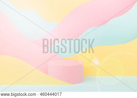 Abstract Scene - Circle Pink Podium, Sunlight Glow Glare, Mountain Landscape - Pastel Pink, Yellow, 