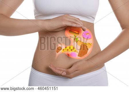 Woman With Image Of Stomach Full Of Junk Food Drawn On Her Belly Against White Background, Closeup. 