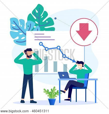 Flat Style Vector Illustration. Management Fails To Make A Profit, Businessmen Sad Around, Business 