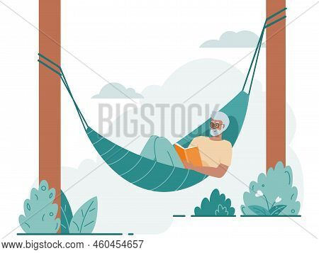 Senior Elderly Man Resting At Nature, Laying In Hammock And Reading Book. Vector Flat Illustration
