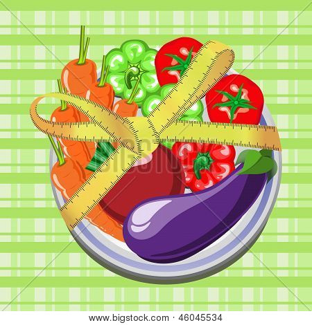 Grönsaker på en Platevegetables på en tallrik med ett måttband