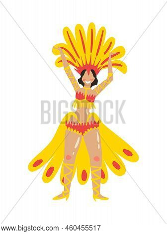 Happy Brazil Carnival Dancer In Yellow Constume Flat Vector Illustration
