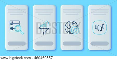 Set Line Sales Funnel With Chart, Financial Growth, Server And Browser Stocks Market Icon. Vector