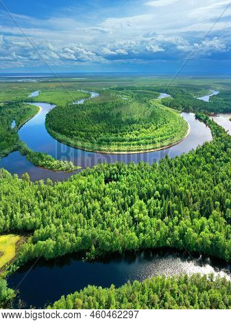 Bright Summer Landscape. Aerial Photography Of Landscape In Western Siberia. Agan River, Tributary O