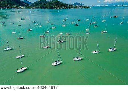 Sailing Boats In Ocean. Aerial View, Top View
