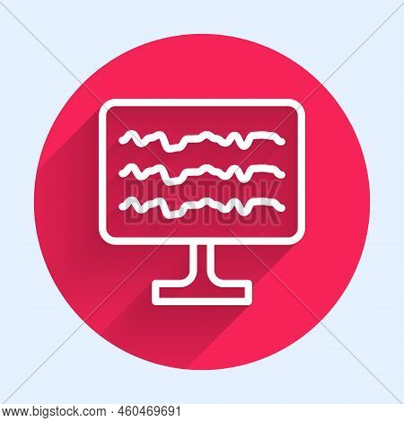 White Line Encephalogram Icon Isolated With Long Shadow Background. Electrical Activity. Red Circle 