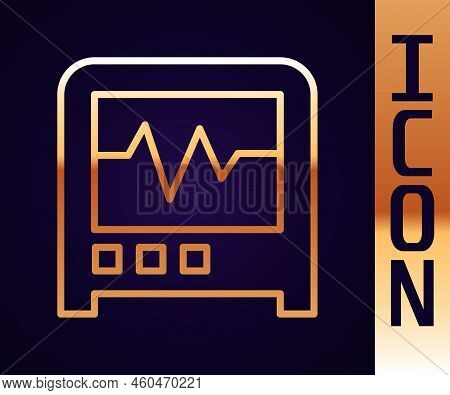 Gold Line Seismograph Icon Isolated On Black Background. Earthquake Analog Seismograph. Vector