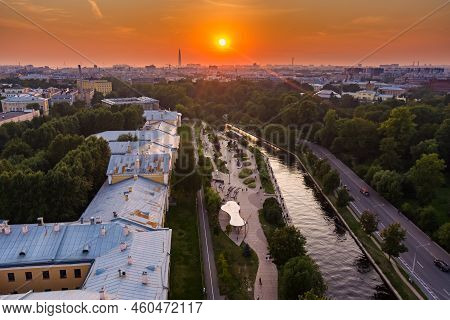 Aerial View Of The Public Park Of The Karpovka River Embankment In St. Petersburg At Sunset, Russia,