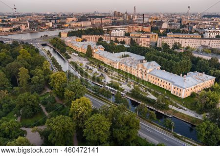 Aerial View Of The Public Park Of The Karpovka River Embankment In St. Petersburg At Sunset, Russia,