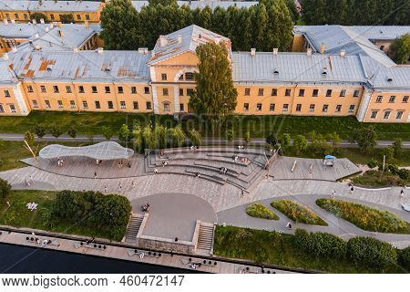 Aerial View Of The Public Park Of The Karpovka River Embankment In St. Petersburg At Sunset, Russia,