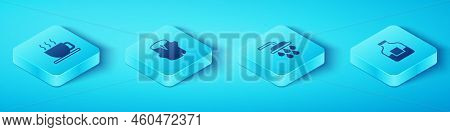Set Isometric Cup Of Tea, Wooden Log, Bottle Vodka And Shower Icon. Vector