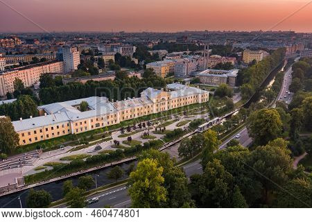 Aerial View Of The Public Park Of The Karpovka River Embankment In St. Petersburg At Sunset, Russia,