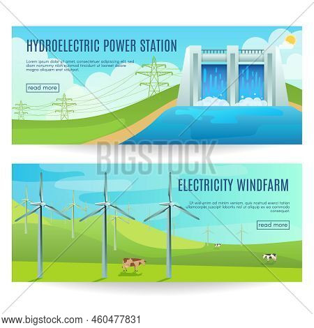 Two Horizontal Ecology Banners With Environmental Friendly Hydroelectric Power Station Windfarm Imag