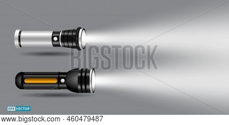 Set Of Realistic Flashlights With Beams Or Handy Electric Flash Light With Spotlight Ot Camping Lamp