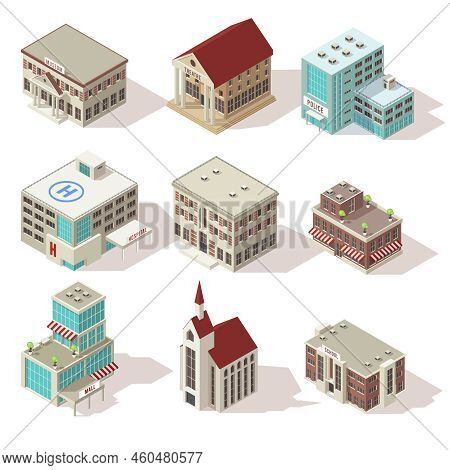 City Buildings Isometric Icons Set With Hospital Church And School Police And Theater Mall Isolated 