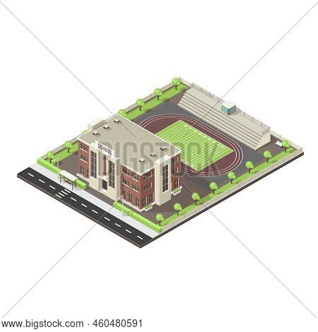 Isometric Layout Of School With Stadium Green Trees And Lawn Road Infrastructure On White Background