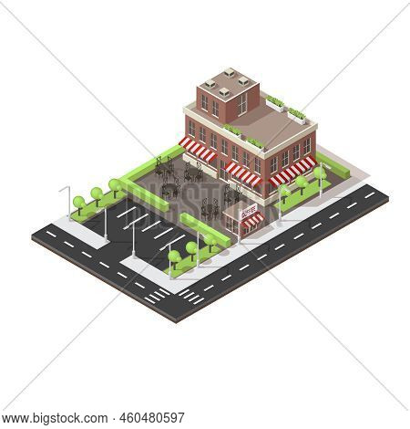 Isometric Layout Of Cafe Building With Street Tables And Parking Road Infrastructure On White Backgr
