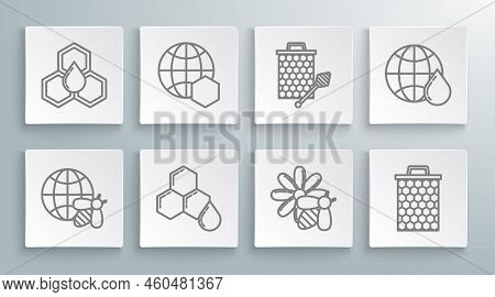Set Line Honeycomb Map Of The World And Bee, Bee Flower, With Honey Dipper Stickicon, And Icon. Vect