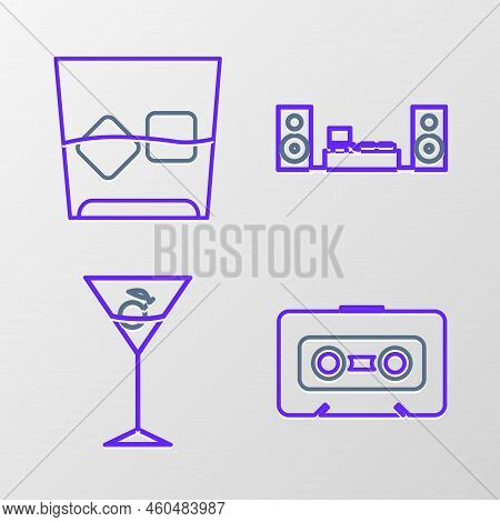 Set Line Retro Audio Cassette Tape, Martini Glass, Home Stereo With Two Speakers And Glass Of Whiske
