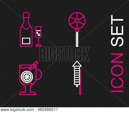 Set Line Firework Rocket, Mulled Wine With Glass Of Drink, Lollipop And Champagne Bottle And Champag