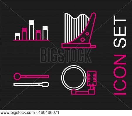 Set Line Microphone, Drum Sticks, Harp And Music Equalizer Icon. Vector