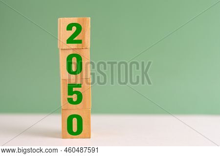 Wood Cube Block Net Zero Target 2050 Environmental Strategy Economy And Carbon Credit On Table Backg