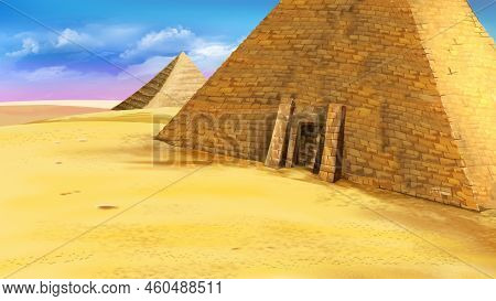 Egyptian Pyramids Of Giza On A Summer Day. Digital Painting Background, Illustration.