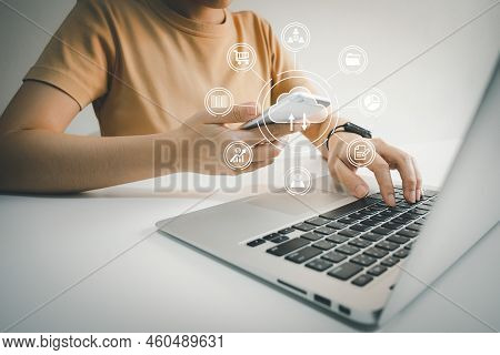Concept Global Data Connection With Internet Technology, User Acess Internet By Smartphone And Lapto