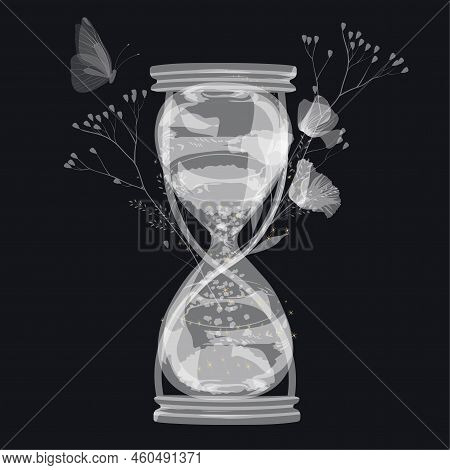 The Hourglass Of Eternity. Vector Stock Illustration. Magical Butterflies And Flowers. Spirituality 