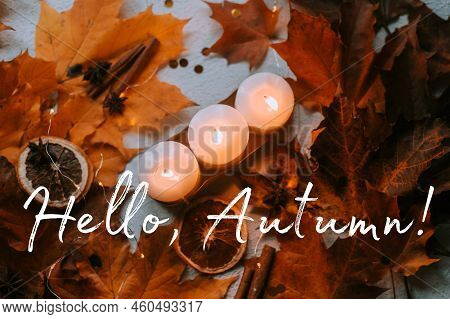 Banner Hello Autumn . Cozy Vibes . A New Season. Autumn Leaves. An Article About Autumn. Candles.