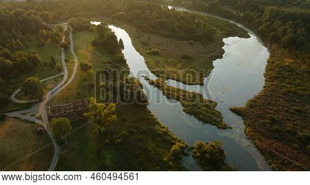Winding Bike Path In The City Park. City Park At Dawn. Aerial Photography.